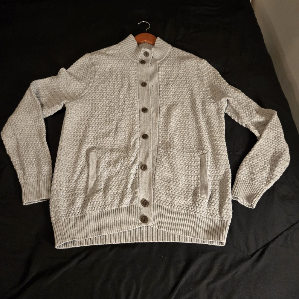 Lands' End Cardigan Sweater Mens Large Gray Drifter Button Front Mock Neck Knit‎